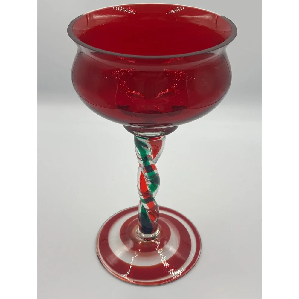 Hand Blown Poland Glass Goblet Red Green White Twisted Stem Spiral‎ Base Holiday